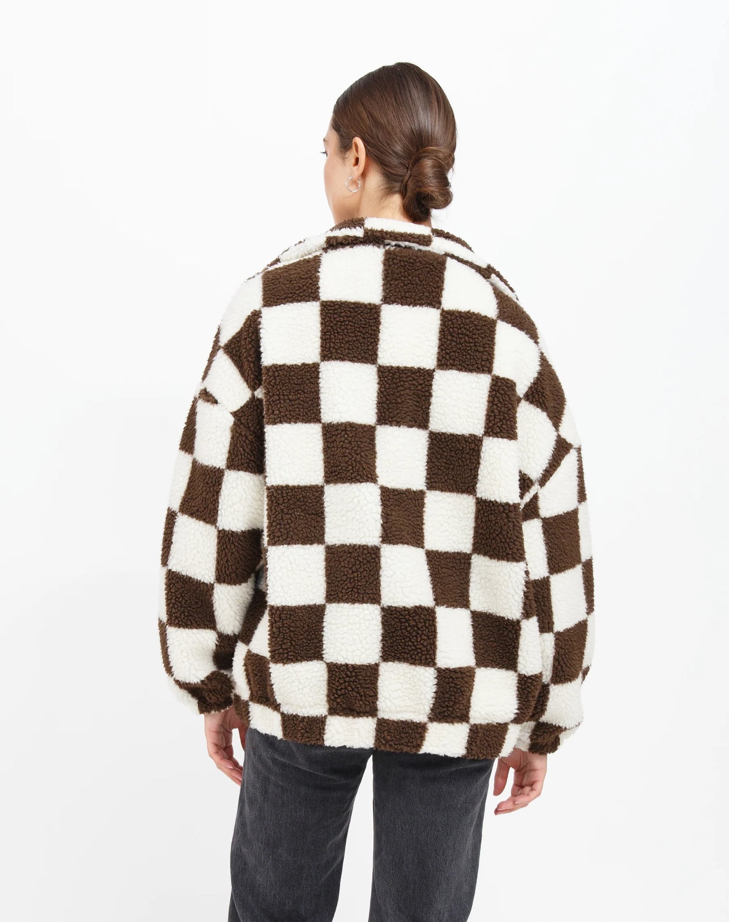 Brunette The Label Chocolate Brown Checkerboard Sherpa Jacket