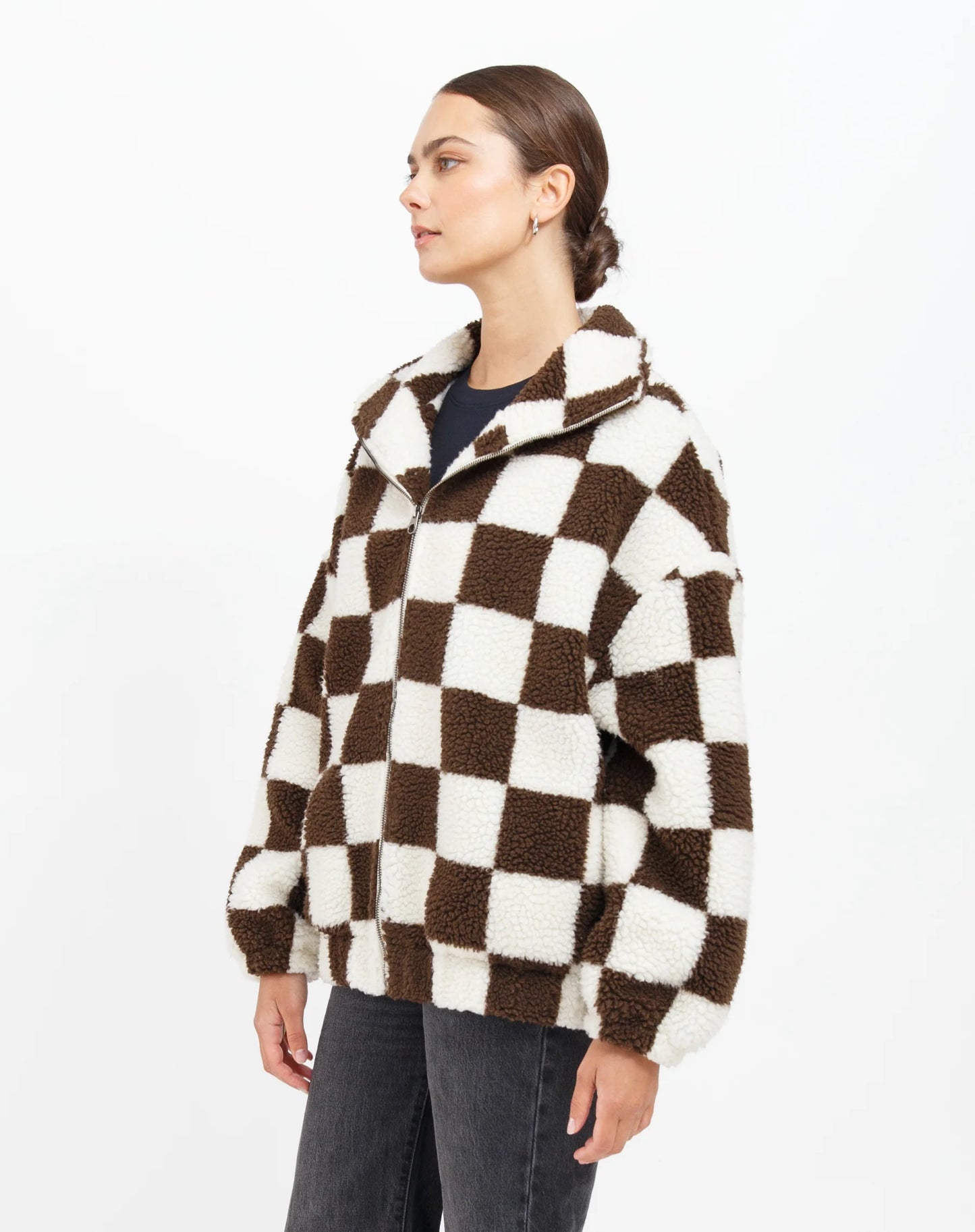 Brunette The Label Chocolate Brown Checkerboard Sherpa Jacket