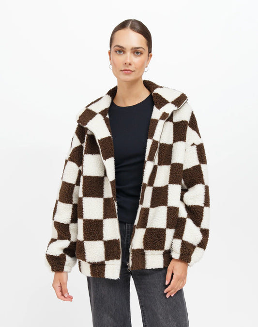 Brunette The Label Chocolate Brown Checkerboard Sherpa Jacket