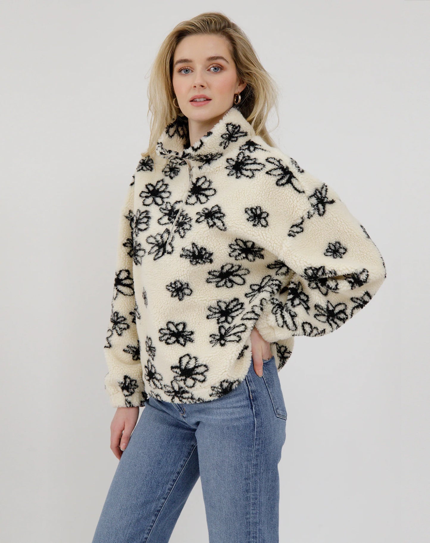 Brunette The Label Half  Zip Floral Sherpa Jacket