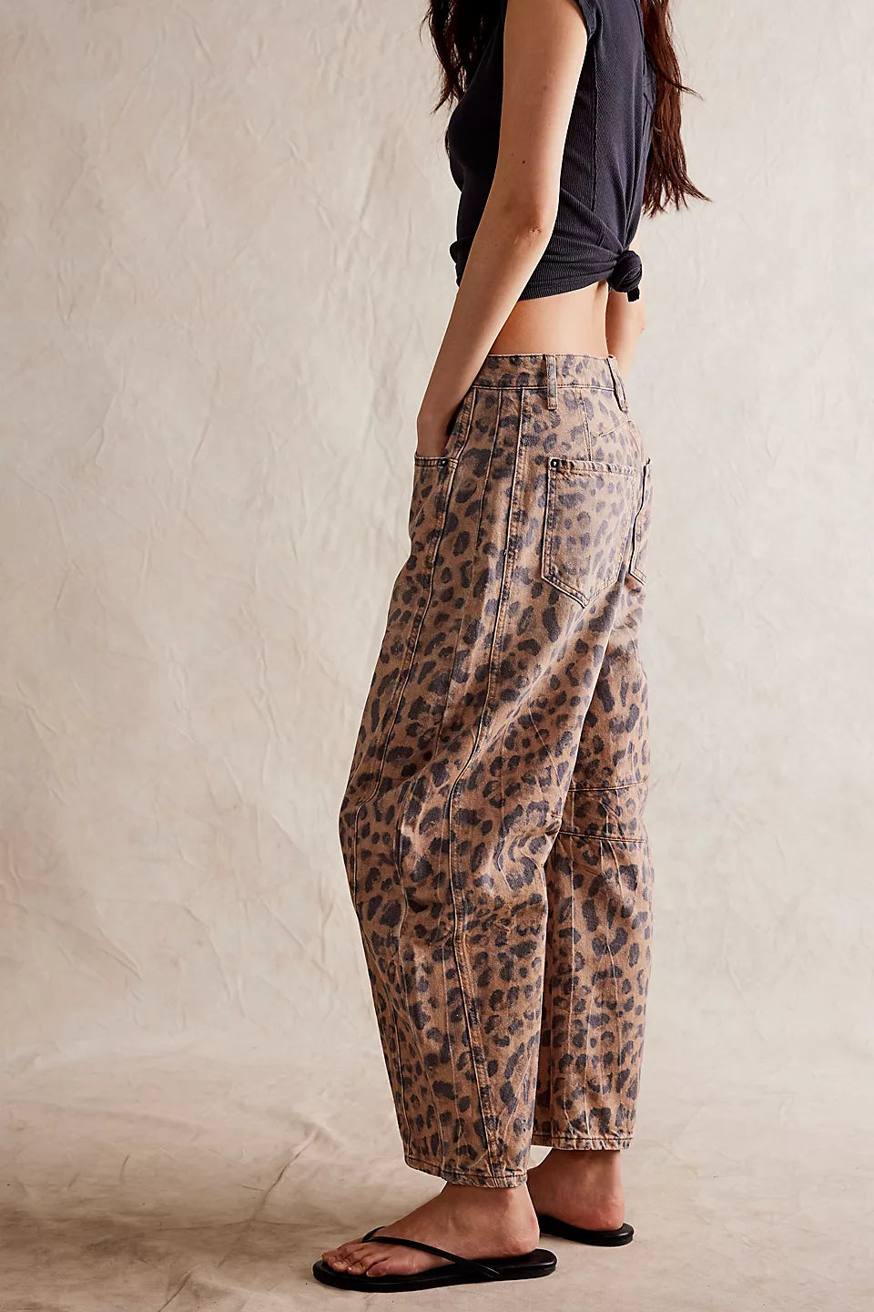 Free People Good Luck Printed Barrel Jeans Leopard