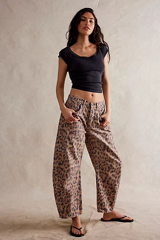 Free People Good Luck Printed Barrel Jeans Leopard