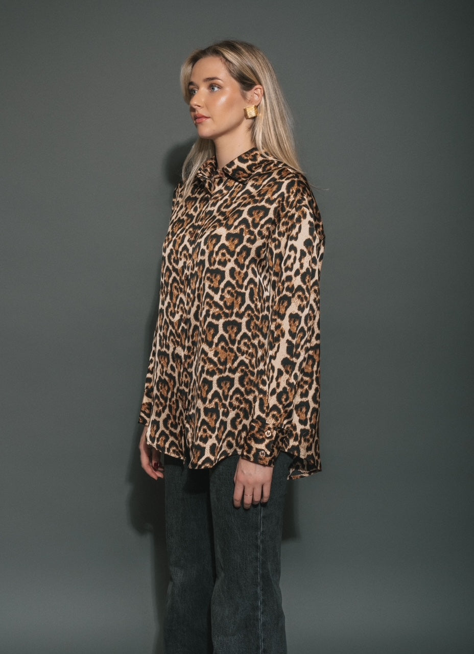 Brunette The Label Bianca Leopard Satin Button Up Shirt