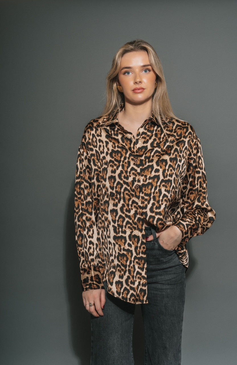 Brunette The Label Bianca Leopard Satin Button Up Shirt