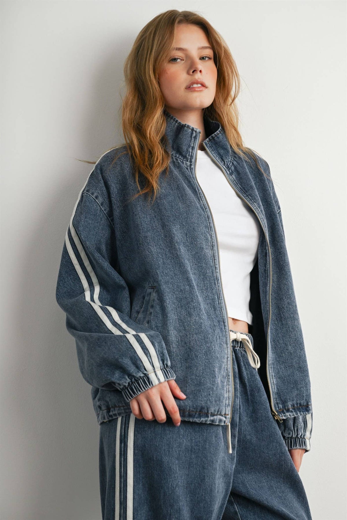 Oversized Denim Zip-Up Track Jacket