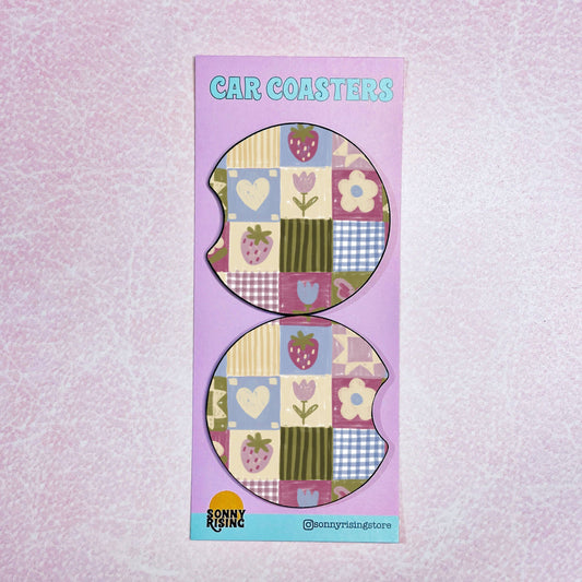 2 Car Coasters, Hand Drawn Strawberry Patch Pattern