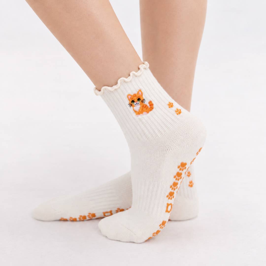 The Orange Cat Embroidered Pilates Grip Sock