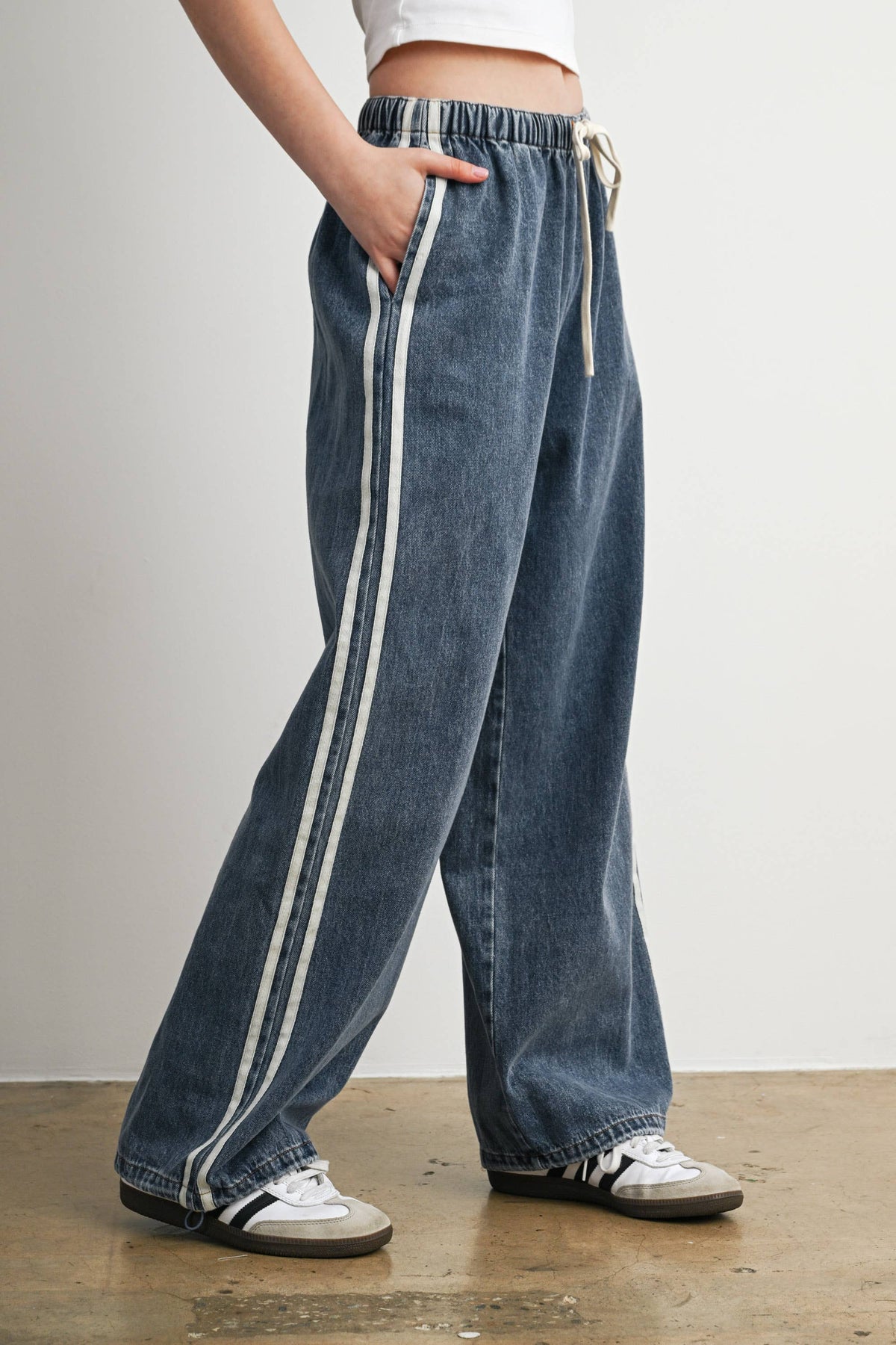 Side Stripe Wide Leg Denim Pants