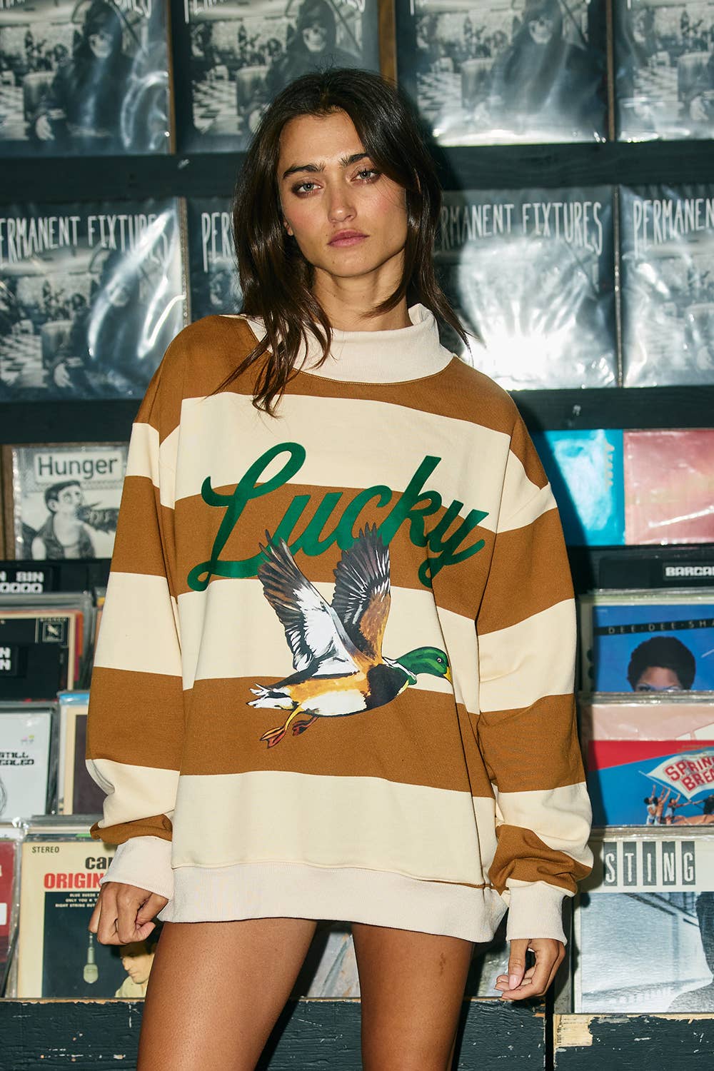 Lucky Duck Striped Mockneck Sweatshirt