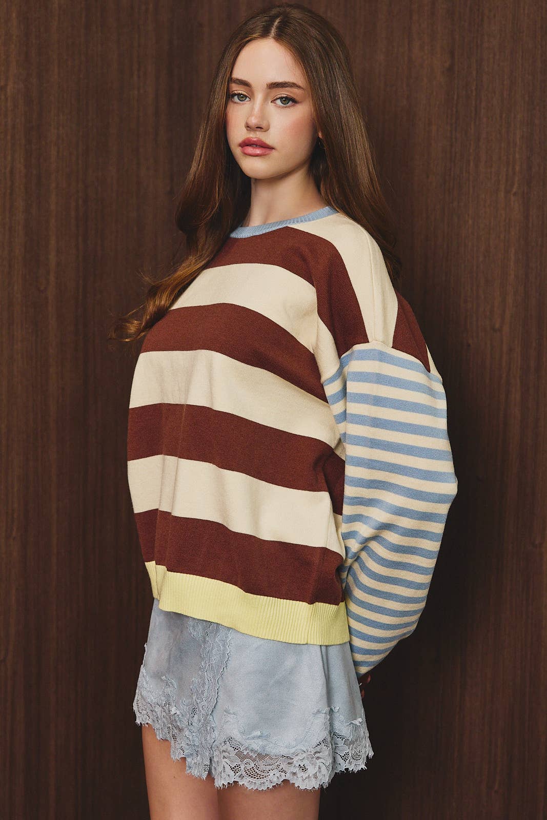 Round Neck Long Sleeve Stripe Sweater Top