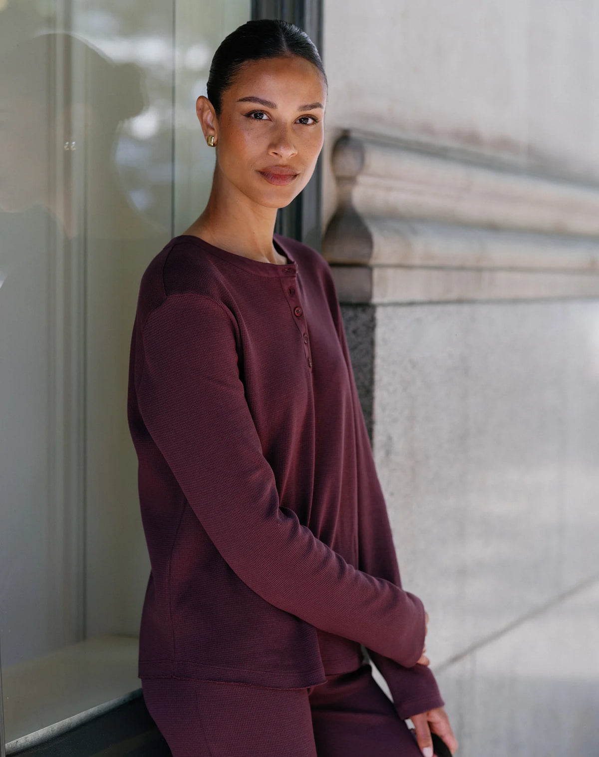 Brunette The Label Waffle Henley Top