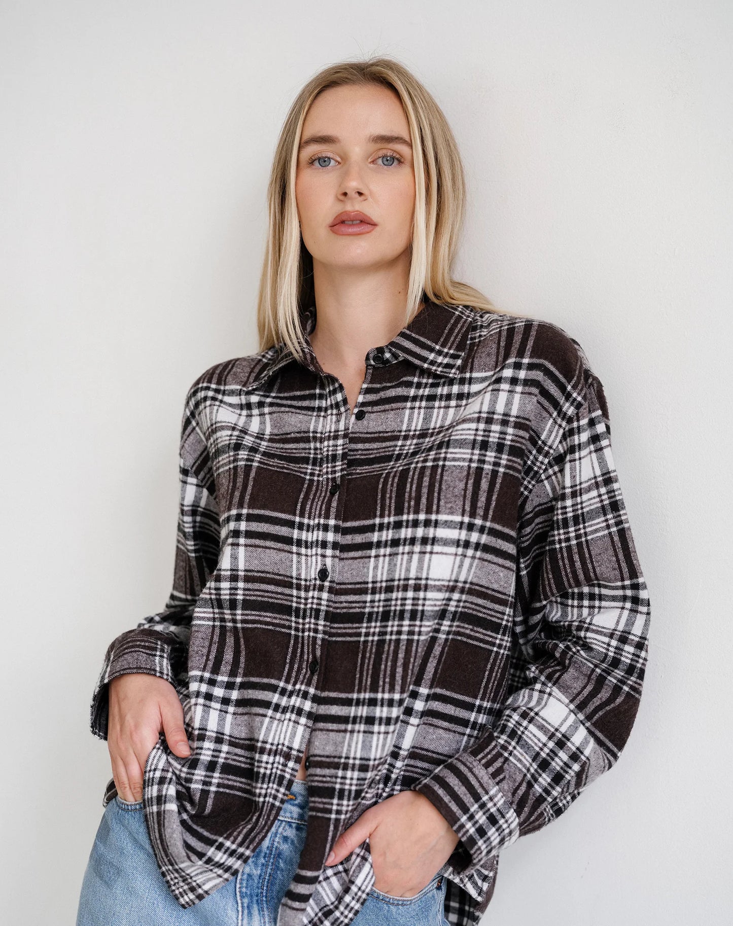 Brunette The Label Oversized Plaid Button Up