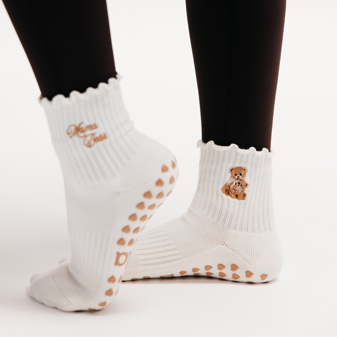 Mama Bear Double Embroidery Ruffle Pilates Grip Sock