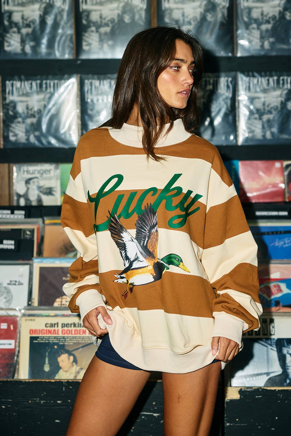 Lucky Duck Striped Mockneck Sweatshirt