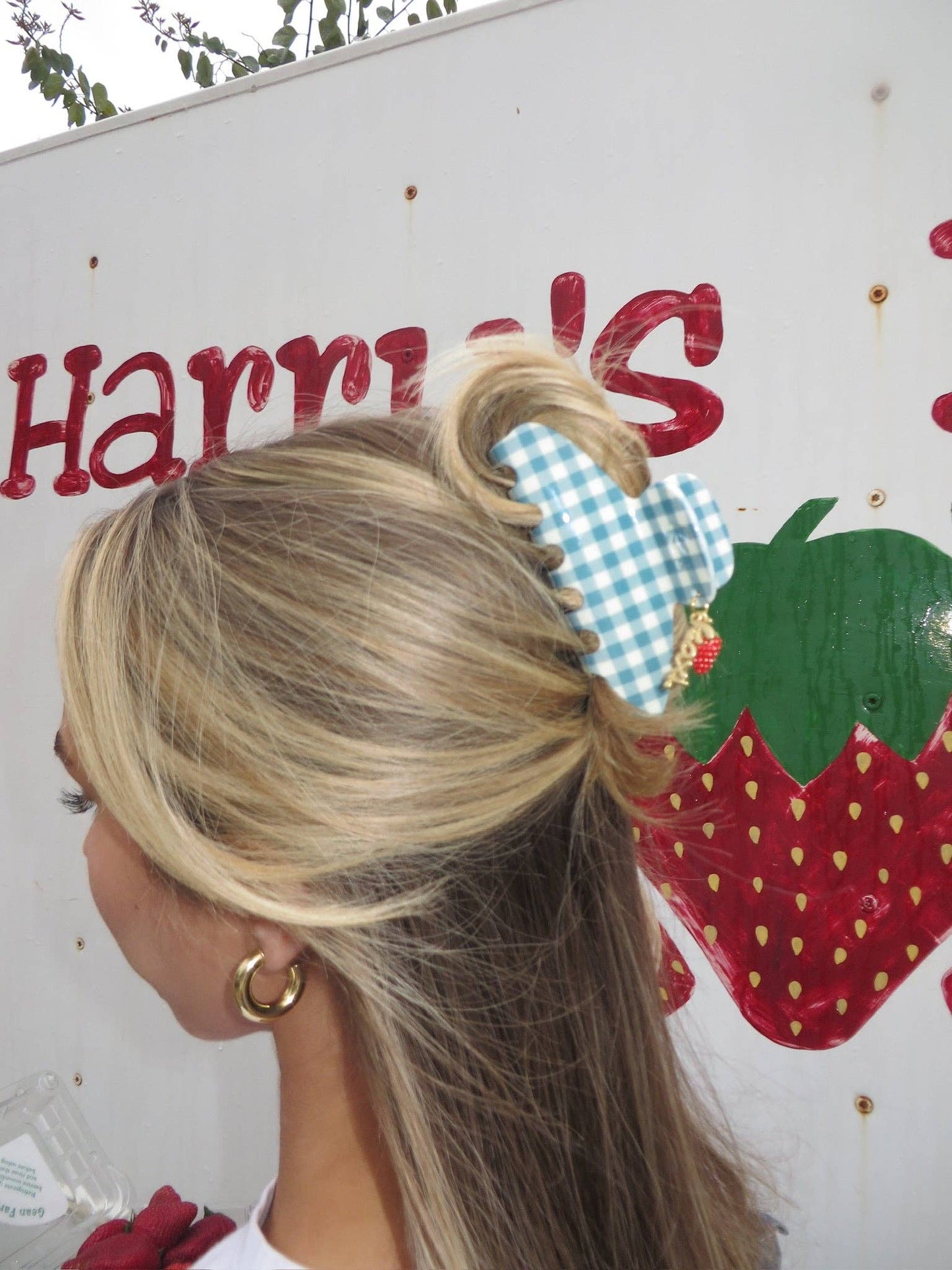 BLUE GINGHAM STRAWBERRY CHARM CLAW: OVERSIZED