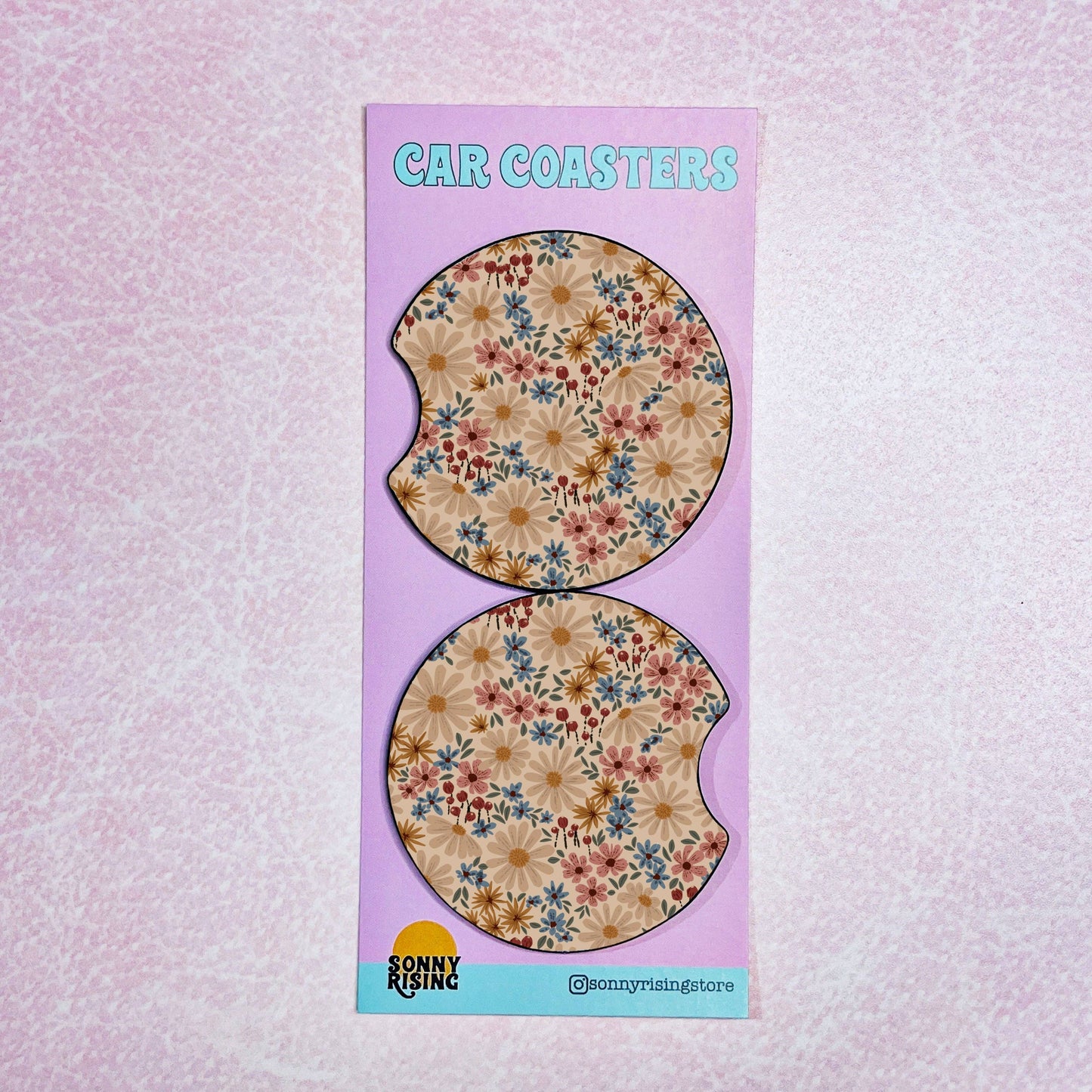 2 Car Coasters, Neutral Fall Floral Pattern