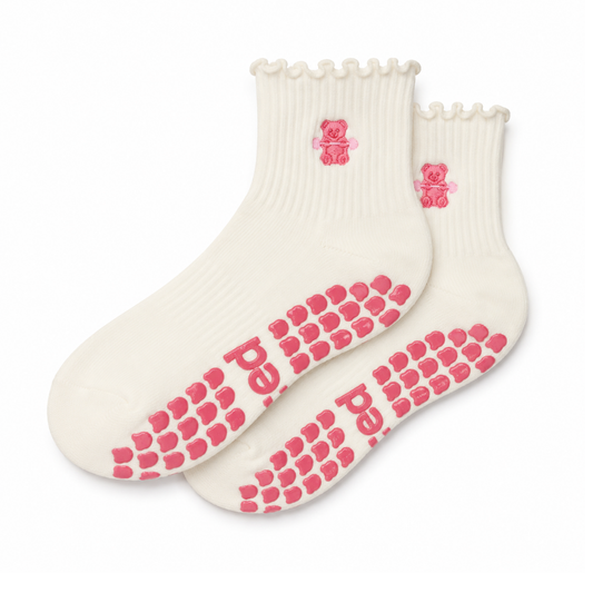 Pink Gummy Bear on Ruffled Cream Pilates Grip Sock