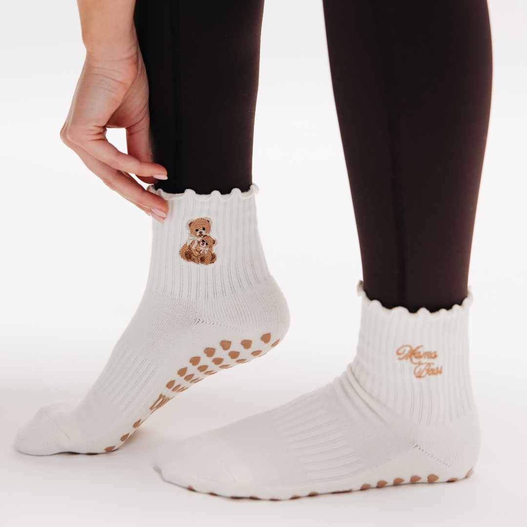 Mama Bear Double Embroidery Ruffle Pilates Grip Sock