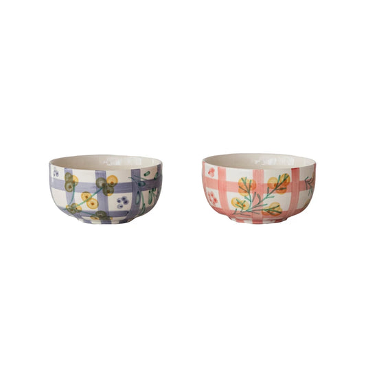 Hand Painted Stoneware Bowl With Grid Pattern