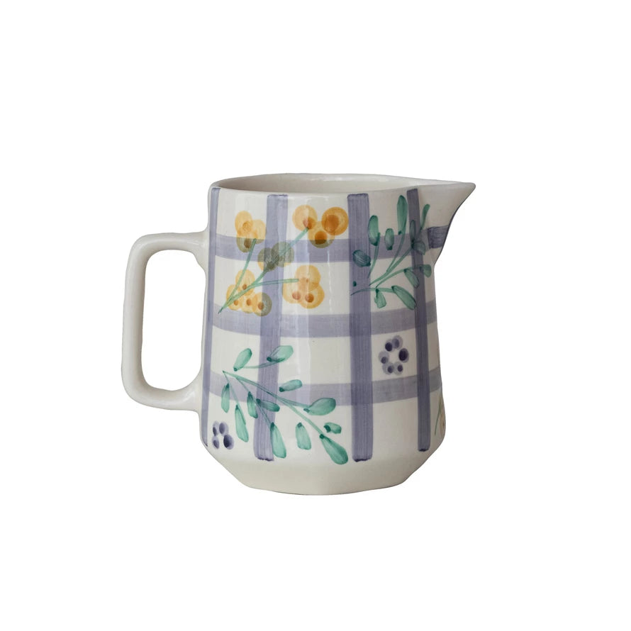 Hand Painted Stoneware Pitcher With Grid Pattern