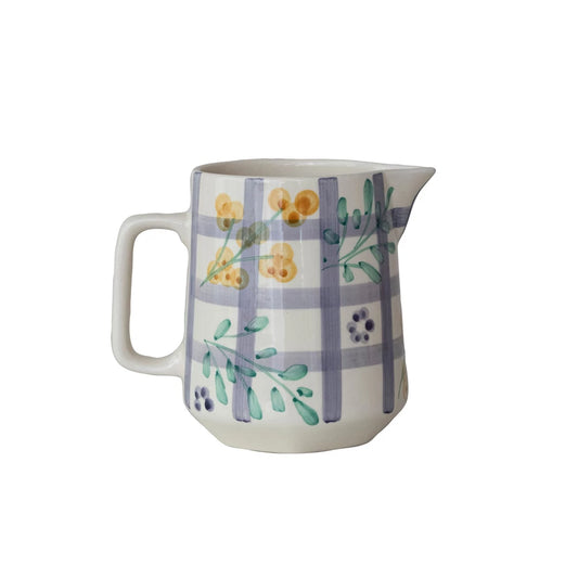 Hand Painted Stoneware Pitcher With Grid Pattern