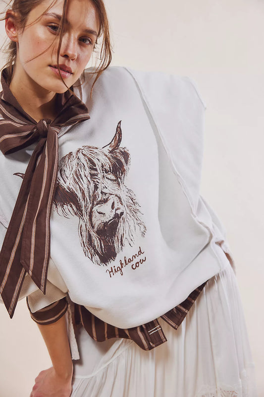 Free People Graphic Camden Pullover Highland Cow