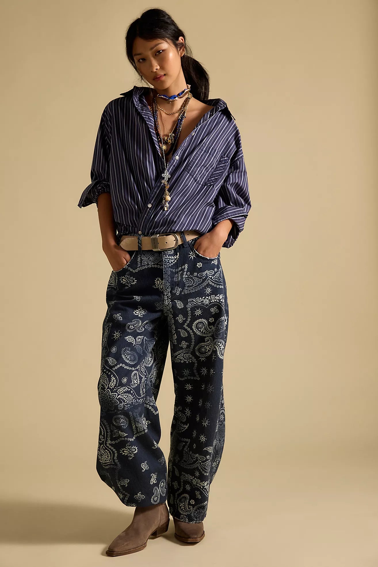 Free People Good Luck Printed Barrel Jeans