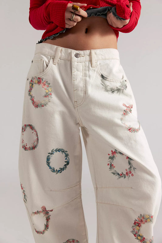 Free People Good Luck Printed Barrel Jeans