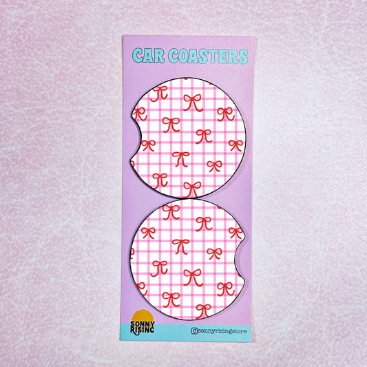 2 Car Coasters, Red Bows on Pink Grid Pattern