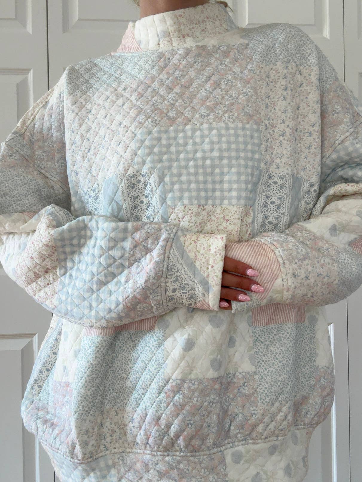 Blue Quilted Pastel Mockneck Sweatshirt