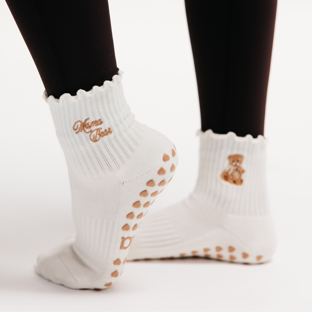 Mama Bear Double Embroidery Ruffle Pilates Grip Sock