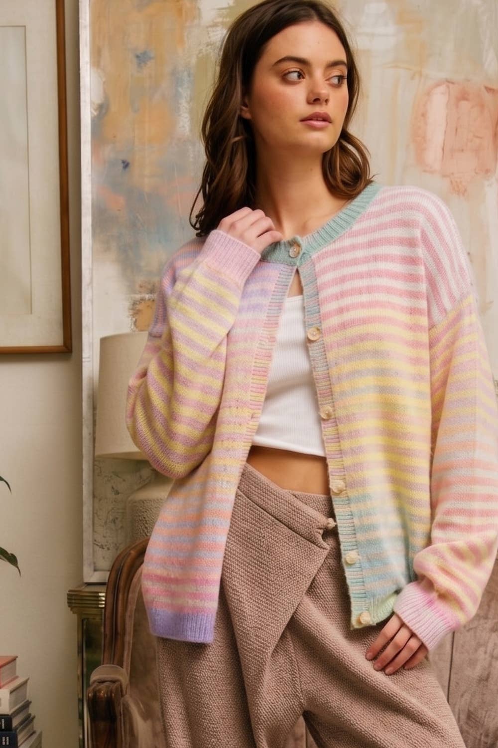 Pastel Striped Button-Down Cardigan