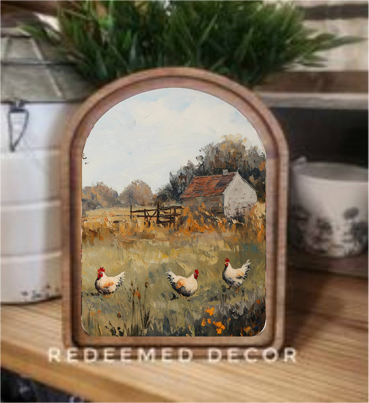 Arch Top Chicken Painting Framed Art     : 6x8"