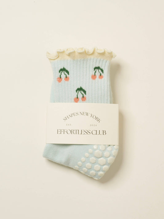 Cherry Ruffle Grip Sock [Baby Blue], Pilates Socks
