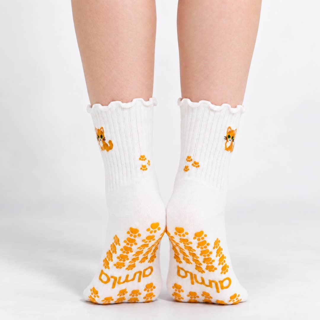 The Orange Cat Embroidered Pilates Grip Sock