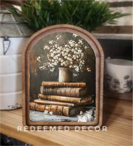 Arch Top Books With Flowers Framed Art      : 6x8"