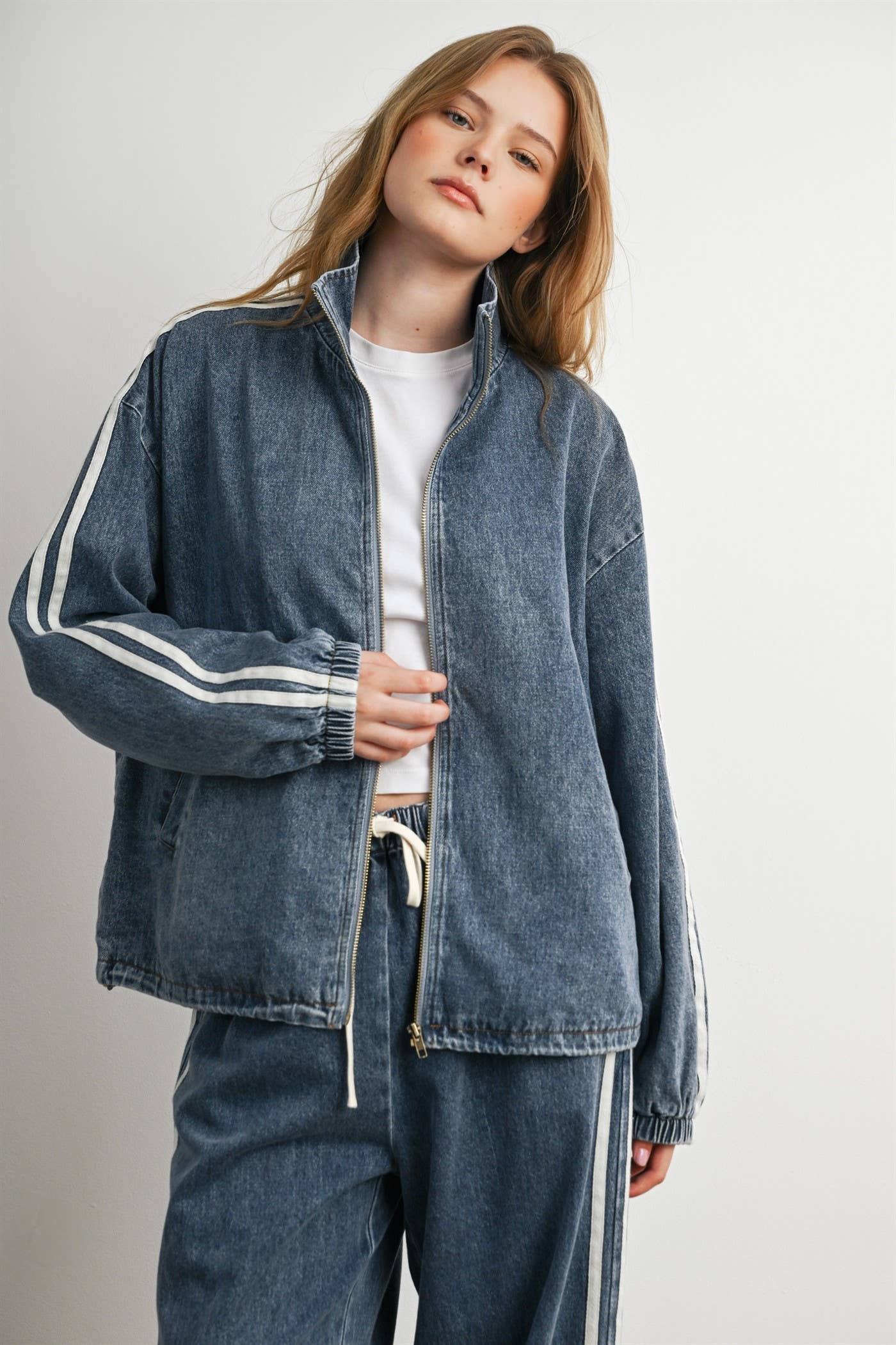 Oversized Denim Zip-Up Track Jacket