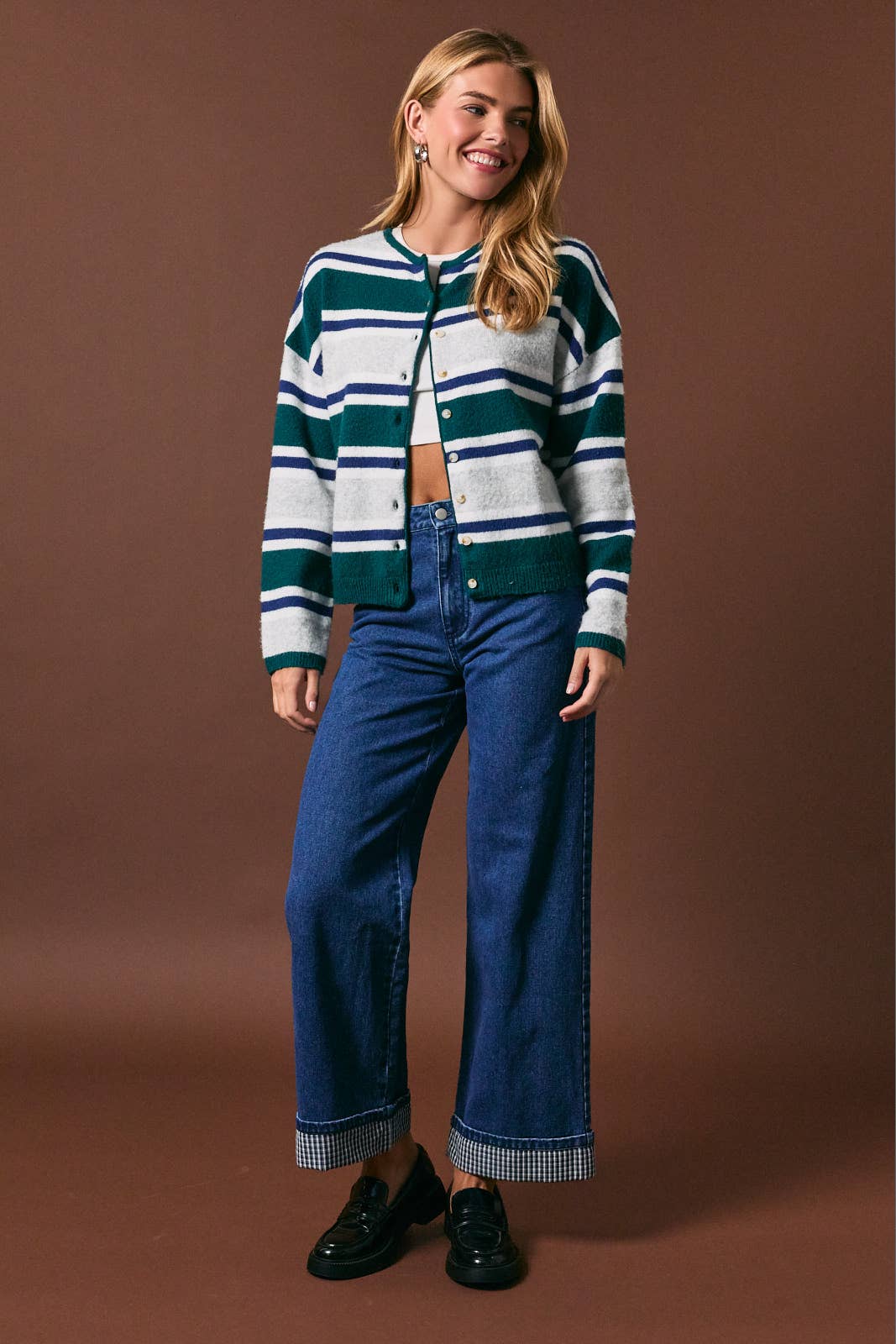 Striped Soft Knit Crew Neck Button Cardigan
