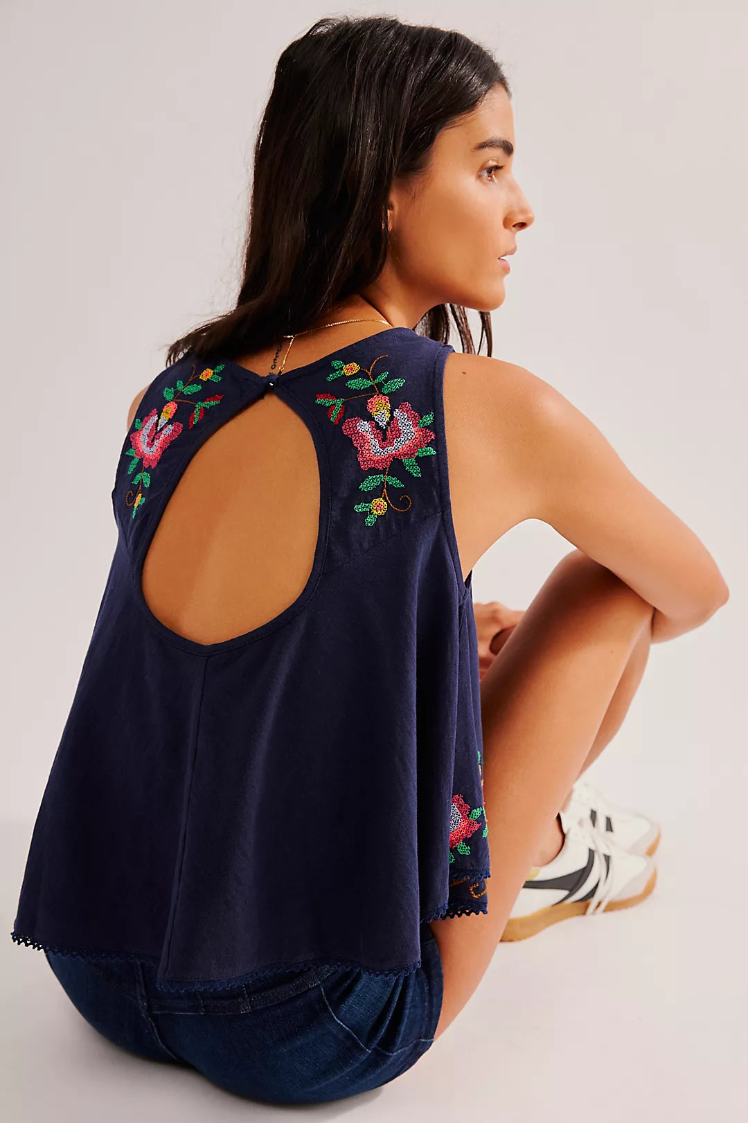 Free People Fun And Flirty Embroidered Top- Cobalt Blue Combo