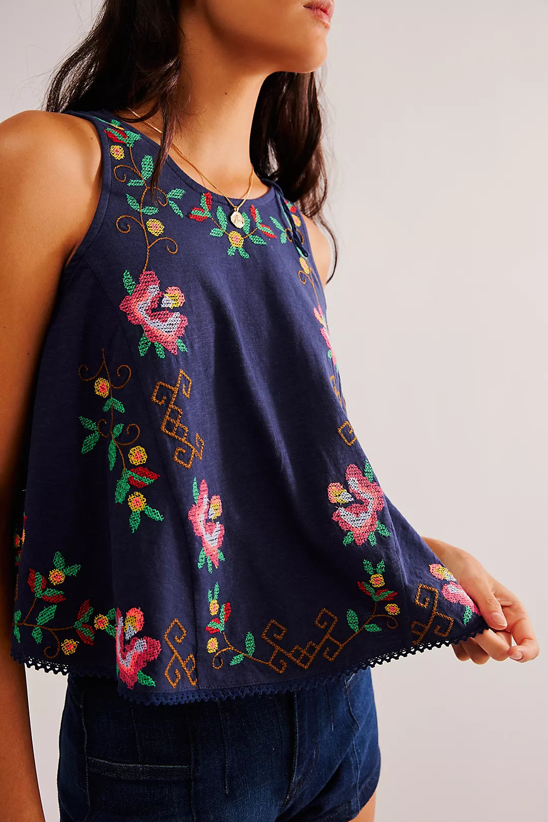 Free People Fun And Flirty Embroidered Top- Cobalt Blue Combo