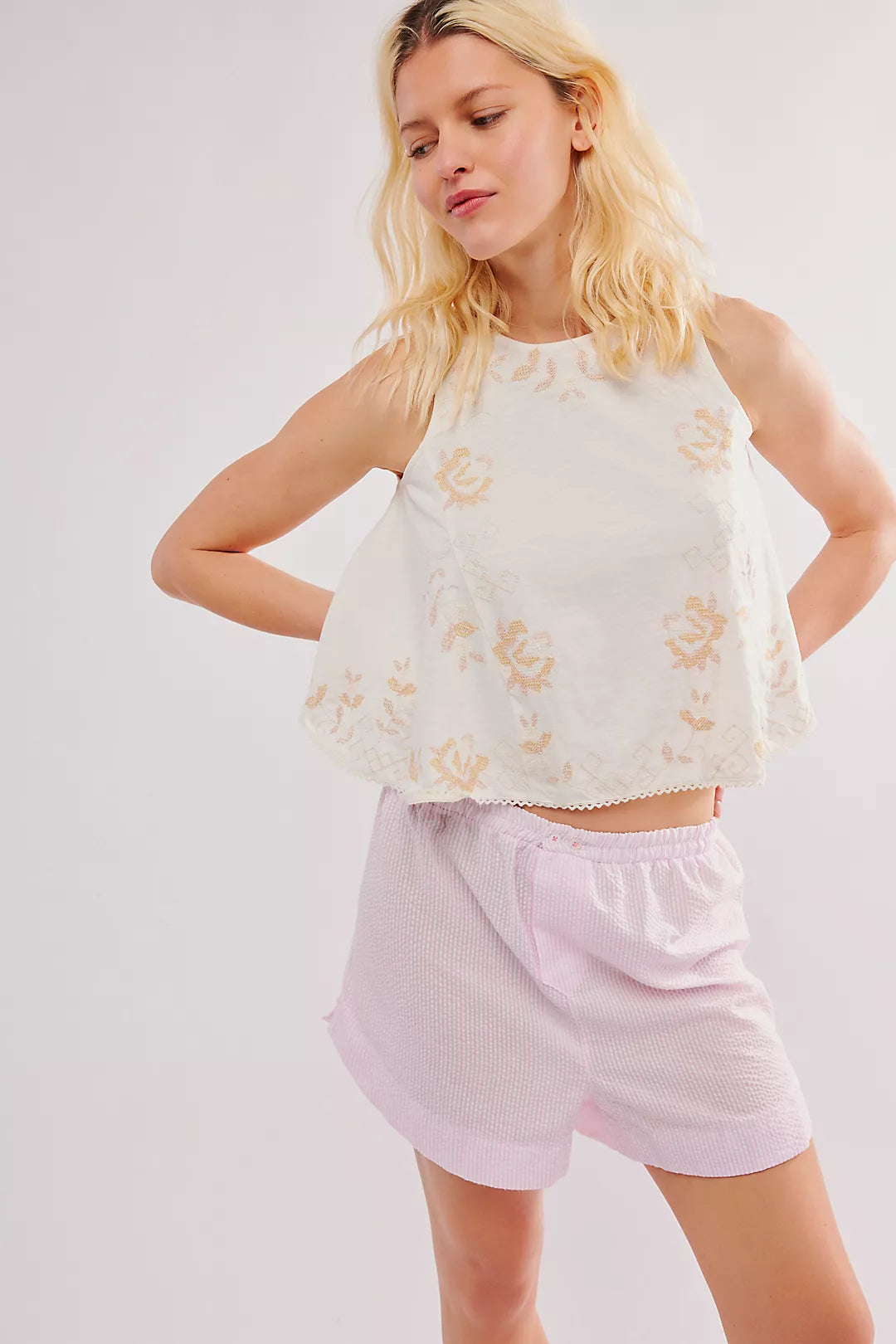 Free People Fun And Flirty Embroidered Top- Ivory Combo