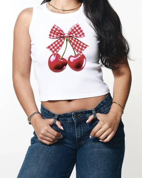 Girl Dangerous Cherry Bow Ribbed Crop Tank