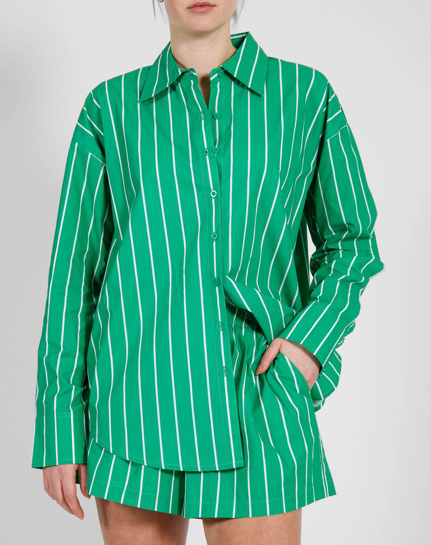 Brunette The Label Striped Button Up Shirt- Kelly Green