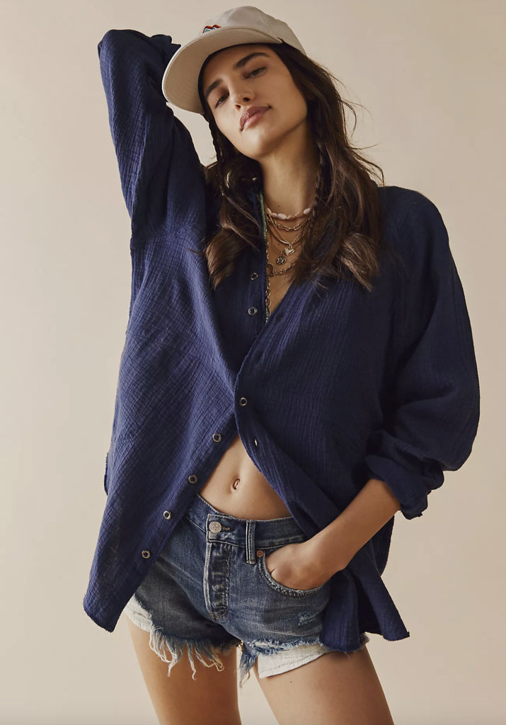 Free People Summer Daydream Button Down-Navy