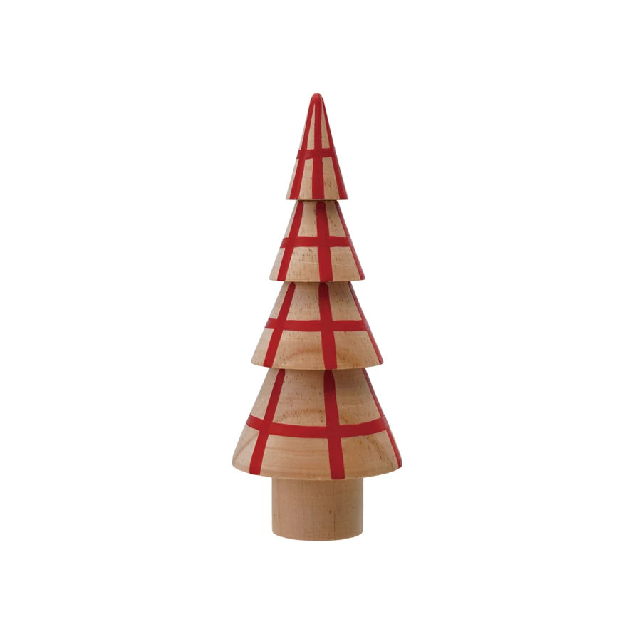 Hand Painted Wood Tree With Red Grid Pattern