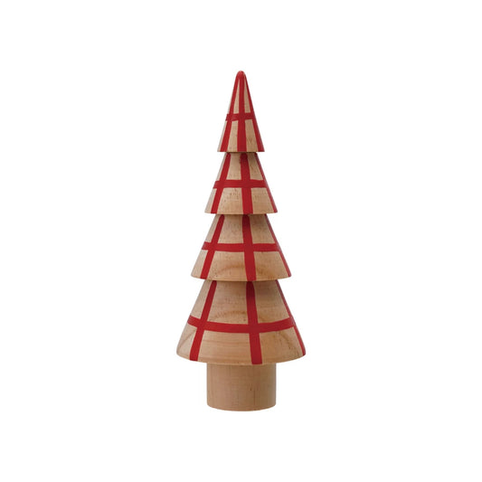 Hand Painted Wood Tree With Red Grid Pattern